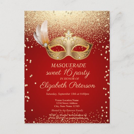Masquerade Diamonds, Masque, Roter Sweet 16 Einladungspostkarte (Vorderseite)