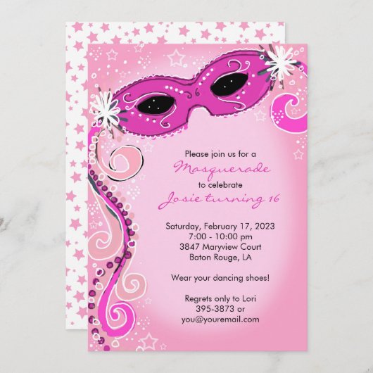 Masquerade Einladung: Rosa Sweet 16 Ball Einladung (Vorne/Hinten)