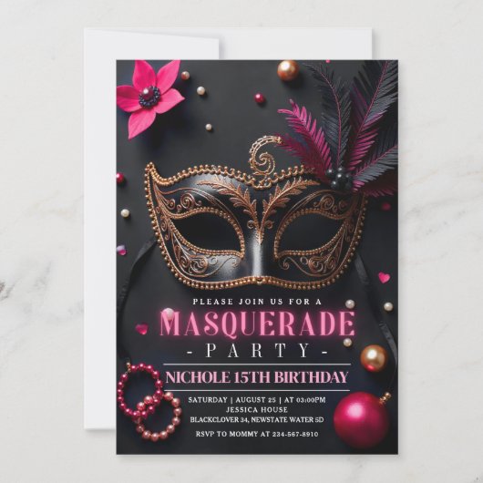Masquerade Elegantes Rosa Party Einladung (Vorderseite)
