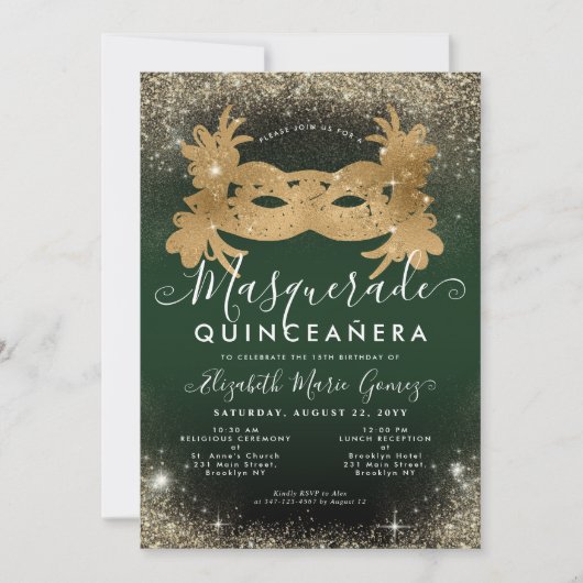 Masquerade Emerald Green Gold Glitzer Quinceanera Einladung (Vorderseite)