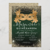 Masquerade Emerald Green Gold Glitzer Quinceanera Einladung (Vorne/Hinten)