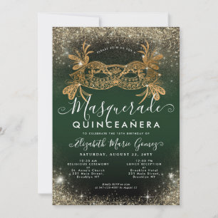 Masquerade Emerald Green Gold Glitzer Quinceanera Einladung