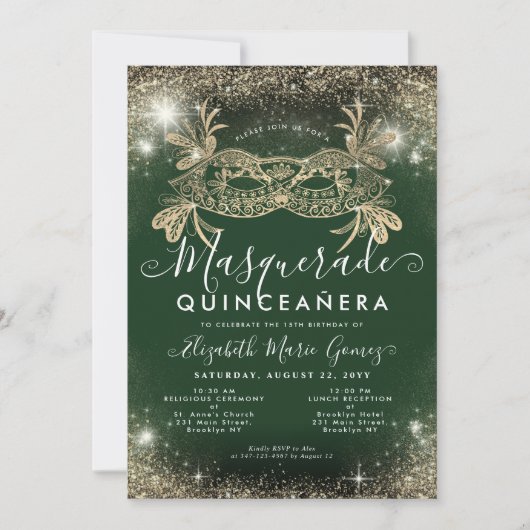 Masquerade Emerald Green Gold Glitzer Quinceanera Einladung (Vorderseite)