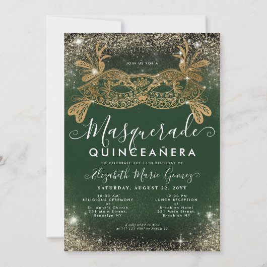 Masquerade Emerald Green Gold Glitzer Quinceanera Einladung (Vorderseite)