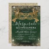 Masquerade Emerald Green Gold Glitzer Quinceanera Einladung (Vorne/Hinten)