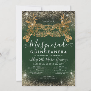 Masquerade Emerald Green Gold Glitzer Quinceanera Einladung