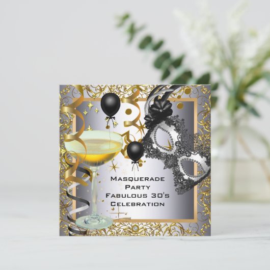 Masquerade Fabulous 30. Silver Gold Black Party Einladung (Stehend Vorderseite)