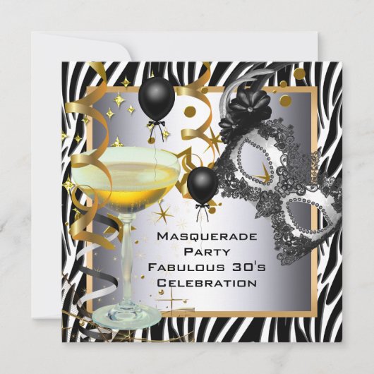 Masquerade Fabulous 30. Zebra Silver Gold Black Einladung (Vorderseite)