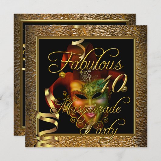 Masquerade Fabulous 40 Gold Black Birthday Party Einladung (Vorne/Hinten)