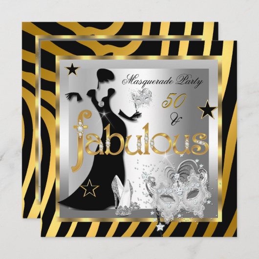 Masquerade Fabulous 50 Zebra Gold Silver Black 2 Einladung (Vorne/Hinten)
