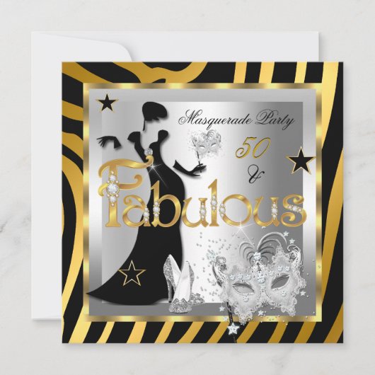 Masquerade Fabulous 50 Zebra Gold Silver Black Einladung (Vorderseite)