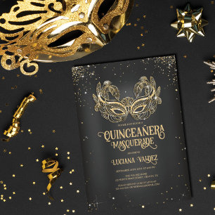 Masquerade Funkelnd Gold Glitzer Black Quinceañera Einladung