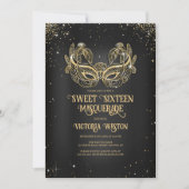 Masquerade Funkelnd Gold Glitzer Black Sweet 16 Einladung (Vorderseite)