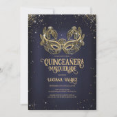 Masquerade Funkelnd Gold Glitzer Blue Quinceañera Einladung (Vorderseite)