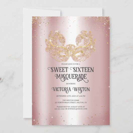 Masquerade Funkelnd Gold Glitzer Rosa Sweet 16 Einladung (Vorderseite)