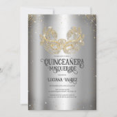 Masquerade Funkelnd Gold Glitzer Silver Quinceañer Einladung (Vorderseite)