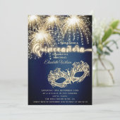 Masquerade funkelndes Feuerwerk Luxus Quinceañera Einladung (Stehend Vorderseite)