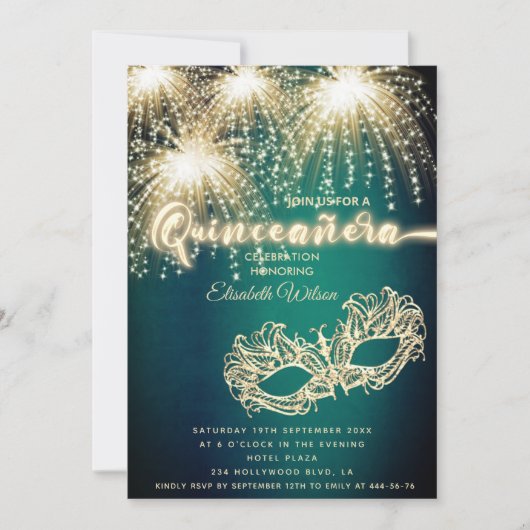 Masquerade funkelndes Feuerwerk Luxus Quinceañera Einladung (Vorderseite)