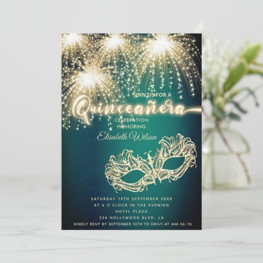 Masquerade funkelndes Feuerwerk Luxus Quinceañera Einladung (Stehend Vorderseite)