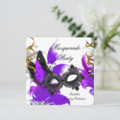 Masquerade Geburtstag Lila Maske Weiß Schwarz Einladung (Stehend Vorderseite)