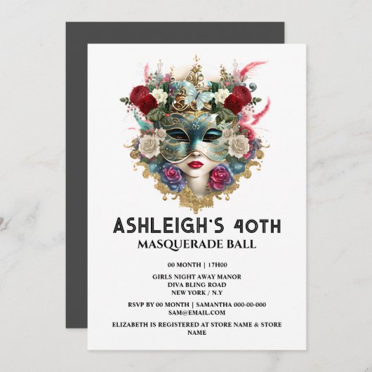 Masquerade Geburtstag Venezianische Damen Gesichts Einladung (Vorne/Hinten)