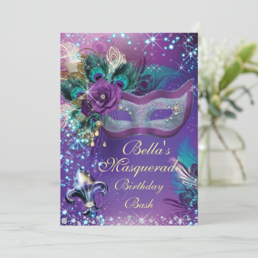 Masquerade Geburtstagsparty Einladungen (Stehend Vorderseite)