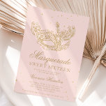 Masquerade Glitzer Maske Schwarz Gold Sweet 16 Einladung<br><div class="desc">Ein modernes,  schicker und glamouröses 16 . Geburtstag mit einer handgezeichneten goldenen Glitzer Maskerade Maske mit vergoldeten Glitzer-Diamanten-Glitzern auf einem bearbeitbaren rosa Hintergrund mit goldenem Glitzer auf der Rückseite.</div>