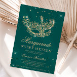 Masquerade Glitzer Masquerade Einladung<br><div class="desc">Ein modernes,  elegantes und glamouröses 16 . Geburtstag mit einem handgezeichneten vergoldeten Glitzer-Maskerade mit vergoldeten Glitzer-Diamanten-Glitzern auf einem bearbeitbaren grünen Hintergrund mit goldenem Glitzer auf der Rückseite.</div>