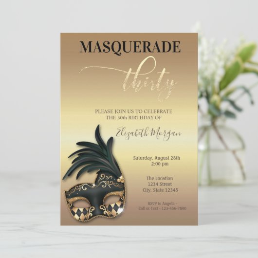 Masquerade Gold 30. Geburtstag Einladung (Stehend Vorderseite)