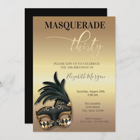 Masquerade Gold 30. Geburtstag Einladung (Vorne/Hinten)