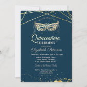 Masquerade, Gold, blaue Quinceañera Einladung (Vorderseite)