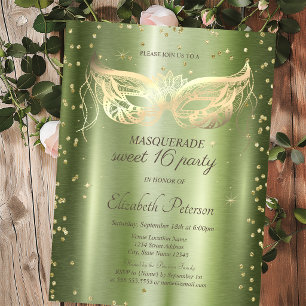 Masquerade Gold Diamonds Green Metallic Sweet 16 Einladungspostkarte