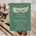 Masquerade Gold Diamonds Green Sweet 16  Einladungspostkarte<br><div class="desc">Gold diamonds and masque on green background.</div>