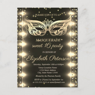 Masquerade Gold Diamonds Lights Sweet 16 Einladungspostkarte