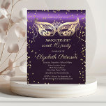 Masquerade Gold Diamonds Lila Sweet 16 Einladungspostkarte<br><div class="desc">Golddiamanten und Masken auf lila Hintergrund.</div>