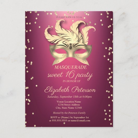 Masquerade Gold Diamonds,Masque,Lila Sweet 16 Einladungspostkarte (Vorderseite)