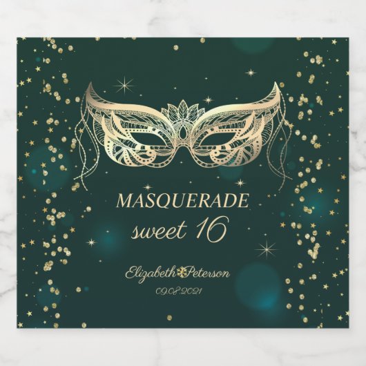 Masquerade Gold Diamonds Stars Green Sweet 16 Schaumweinetikett (Einzelnes Label)