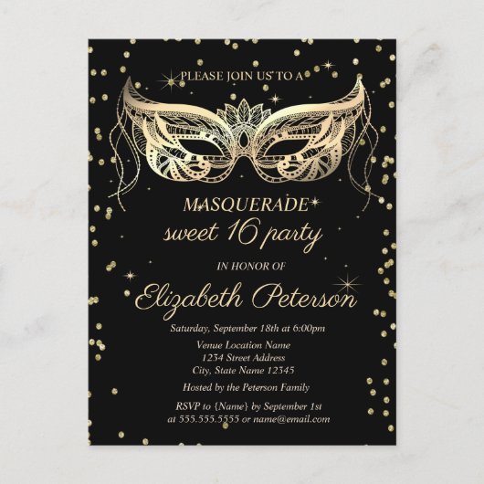 Masquerade Gold Diamonds Sweet 16 Einladungspostkarte (Vorderseite)