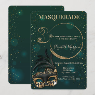 Masquerade Gold Glitzer Green 30. Geburtstag Einladung