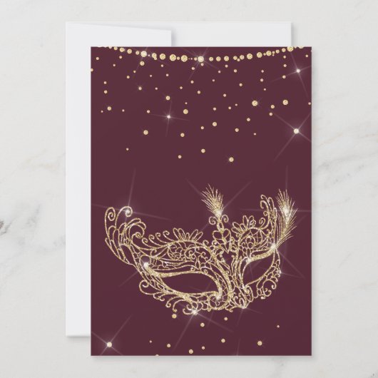 Masquerade Gold Glitzer Rot Bordeaux Quinceanera Einladung (Rückseite)