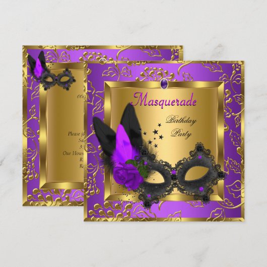 Masquerade Gold Lila Black Birthday Party Einladung (Vorne/Hinten)