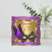 Masquerade Gold Lila Black Birthday Party Einladung (Stehend Vorderseite)