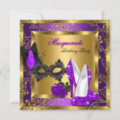 Masquerade Gold Lila Black Glitzer High Heels Einladung (Vorderseite)