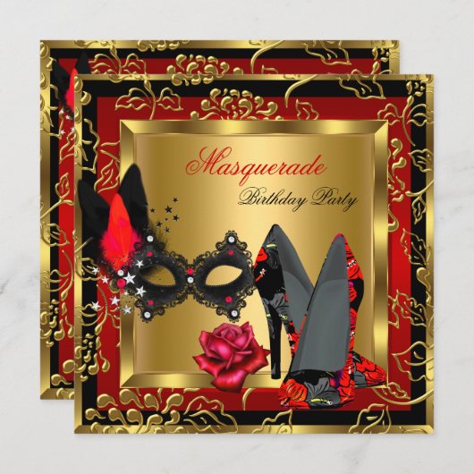 Masquerade Gold Red Black High Heels Maske Rose Einladung (Vorne/Hinten)