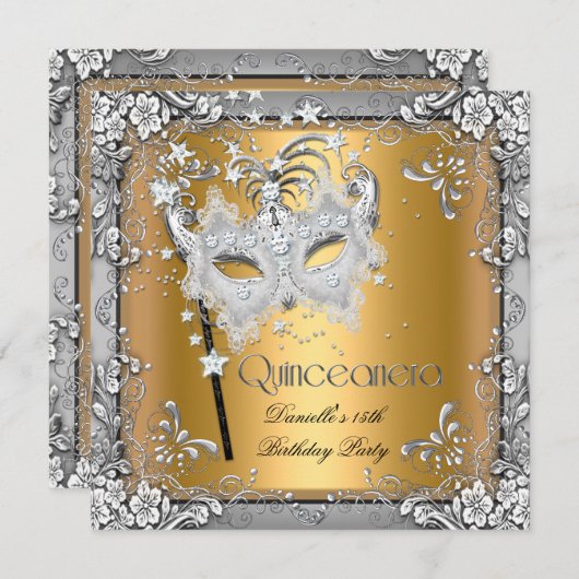 Masquerade Gold Silver Quinceanera 15. Party Einladung (Vorne/Hinten)