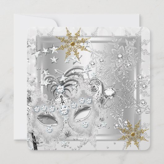 Masquerade Gold Snowflakes Silbermasketball Party Einladung (Rückseite)