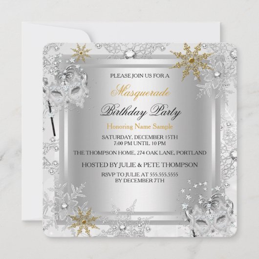 Masquerade Gold Snowflakes Silbermasketball Party Einladung (Vorderseite)