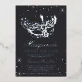 Masquerade graue silberne Glitzer Maske Sweet 16 F Folieneinladung (Vorderseite)