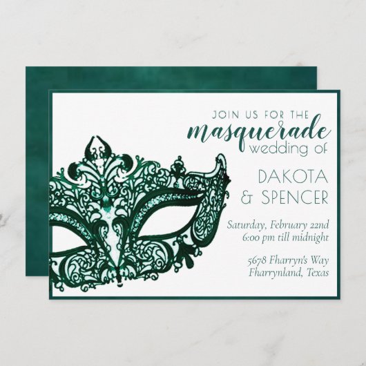Masquerade Green | Dark Emerald Mardi Gras Wedding Einladung (Vorne/Hinten)