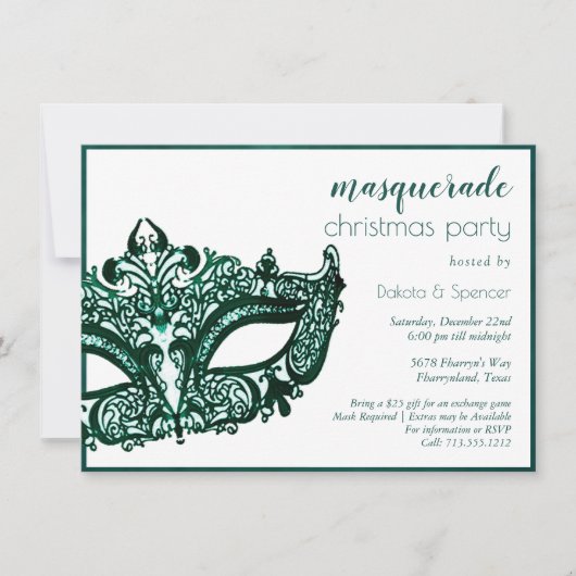 Masquerade Green Mask | Mardi Gras Thema Weihnacht Einladung (Vorderseite)
